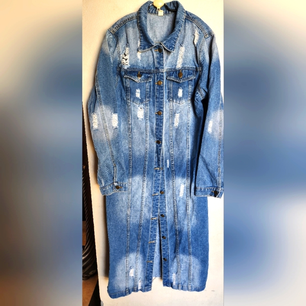 Women's Ripped Out Distressed Washed Long Blue Denim Jacket Trench Coat Size M